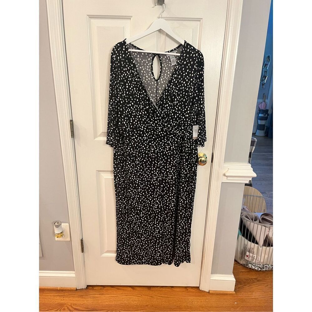 Catherine’s Black Splotch Polka Dot Surplice Neckline Wide Leg Jumpsuit sz 1X NW